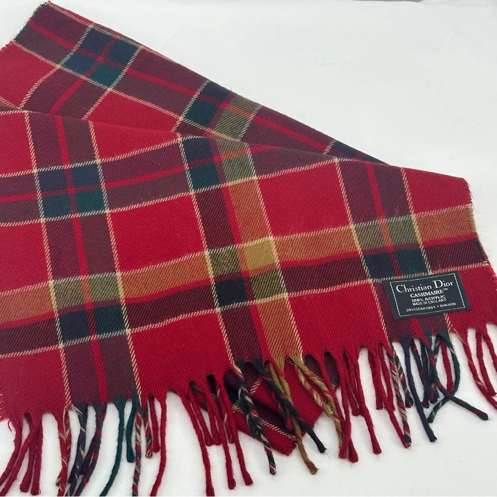 Men’s Christian‎ Dior Cashmaire 100% Acrylic Red Plaid Scarf with Fringe Luxury